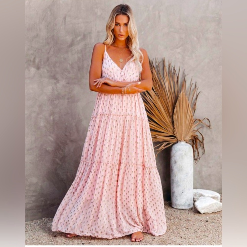 💖 VICI Fathoms Below Adjustable Metallic Tiered Maxi Dress - Rose - Small